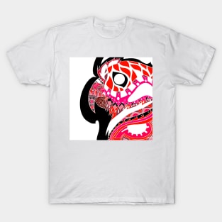 red pink parrot ecopop guacamaya bird in mexican pattern art T-Shirt